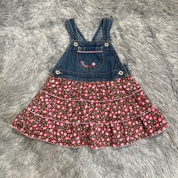 OshKosh B'gosh Other - Vintage Oshkosh B'Gosh Overall Denim Corduroy Layer Ruffle Dress Floral 24 Month